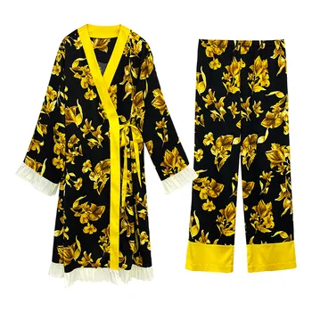 Derliaus Spausdinimo Gėlių Sleepwear Prabanga Pižama Moterų Ilgai Loungewear Satino Chalatas Kimono&kelnės naktiniai drabužiai Moterims, Kelnės Kostiumas
