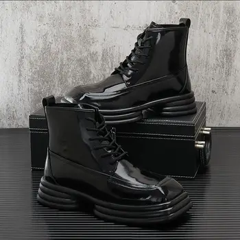 italų prekės ženklo dizaineris vyrų mados platformos batai juodos spalvos stilingas lakinės odos batus punk naktinis klubas kulkšnies įkrovos trumpas botas vyras