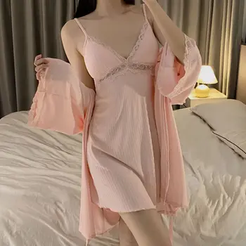 Seksualus Nuotakos Vestuvių Chalatą Nustatyti Moterų Apdaras Kostiumas V-Kaklo Chemise Pižamą Vasaros Nėriniai Sleepwear Modalinis Elegantiški Naktiniai Drabužiai