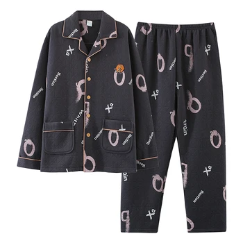 Vyriški trijų sluoksnių plonų medvilnės vyrų pižama cardigan spausdinti vyriški namų drabužiai žiemos ilgos rankovėmis vyriški namų drabužiai