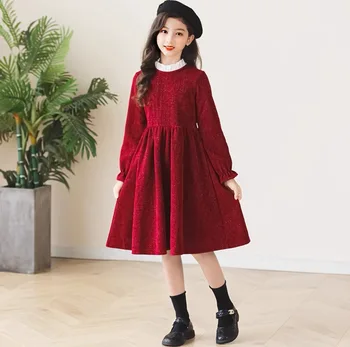 Iki 2023 m. rudenį, žiemą, Vaikų Mergaičių kietas vyno raudona Princesė Paaugliams Naujųjų Metų Suknelės, Drabužių modelis klostuotas sijonas akių nėrinių apykaklę 4 12
