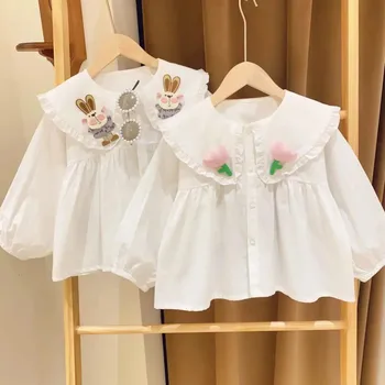 Mergaičių Drabužių 12M-8Y Vaikų Stilingas Atvartas Shirt Baby Pavasarį ir Rudenį Ilgas Rankovėmis Balti Marškiniai Viršų