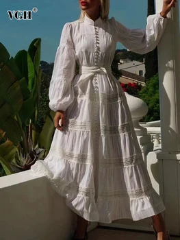 VGH Elegantiškas Soild Suknelės Moterims Stovėti Apykakle ilgomis Rankovėmis Aukštos Wasit Kratinys Signle Krūtinėmis Linija, Ilga Suknelė Moterų Stilius