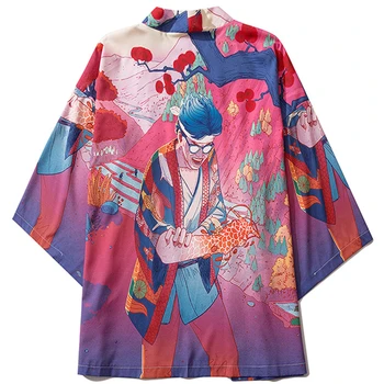 2021 Vasaros Haori Japonų Stiliaus Anime Kimono Švarkas Vyrams, Moterims, Rožinis Megztinis Yukata Marškinėliai Žmogus Laisvas Poliesteris Viršuje Drabužiai