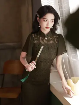 Tradicinis Kinų Elegantiškas Patobulintas Black Lace Qipao Vasaros Derliaus Moterų Trumpomis Rankovėmis Cheongsam