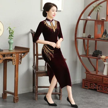 Plus Size Kinų Stiliaus Aksomo Qipao Moterų Cheongsam Retro Classic Mandarinų Apykaklės Ilga Suknelė Seksualus China Slim Padalinta Vestidos