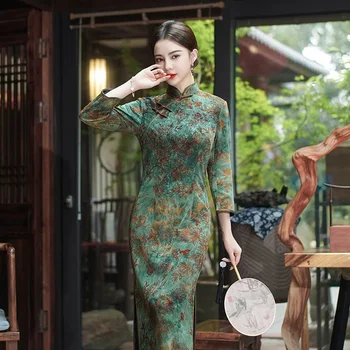 Yourqipao 2023 Rudenį Pagerino Aksomo Cheongsam Pokylių Rezultatų Plus Size Ilgai Qipao Kinų Stiliaus Vestuvinė Suknelė Moterims