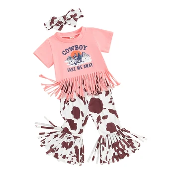 Vakarų Baby Girl Drabužius trumpomis Rankovėmis Kaubojus Kutas T-shirt Leopard Užsiliepsnojo Kelnės Lankelis Vasaros Drabužių 6M-4T