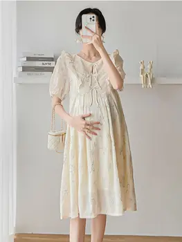 Korėjos Stiliaus Vasaros Nėščių Moterų Suknelė Saldus Ruffles Trumpas Rankovės Palaidų Gėlių Siuvinėjimas Motinystės Suknelė Nėštumo Cheongsam