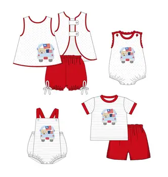 Bamblys naujas vasaros kostiumas liepos 4 berniukai ir mergaitės be rankovių, šortai jumpsuit raudonos nėrinių lankas mielas drabužių didmeninės