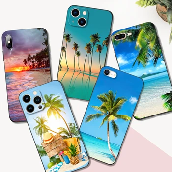 Juoda tpu case for iphone 14 13 12 11 mini pro MAX 5 5s se 2020 6 6s 7 8 plus x 10 XR XS padengti vasaros Paplūdimio Saulėlydžio jūros, Palmių