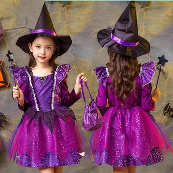 2023 Naujų Vaikų Karnavalas Vestidos Šalies Mergaičių, Helovyno Cosplay Ragana Kostiumas Kūdikiams Ragana Fancy Dress Drabužių Rinkinys, Krepšys Skrybėlę