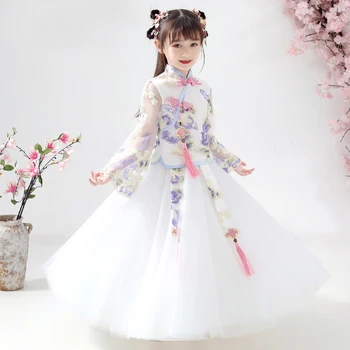 Šalis Suknelė Balta ir Violetinė Grindų Ilgis Gėlių mergaičių Suknelės Mergaičių Siuvinėjimo Inscenizacija kinų suknelė mergina naują atvykimo 2020 m.