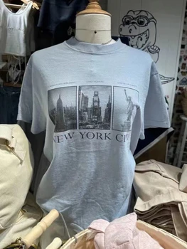 New York City, Print T-Shirt Moteris Prašmatnus Mėlynos Apvalios Kaklo Trumpomis Rankovėmis Tee Marškinėliai Vasaros Derliaus Atsitiktinis Grafika Y2k Marškinėlius Viršūnės