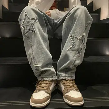 Vyrai Džinsinio audinio Džinsus Kvėpuojantis Džinsinio audinio Kelnės, vyriški Negabaritinių Star Modelio Džinsai Moterų Derliaus korėjos Streetwear Džinsinio Aukštos